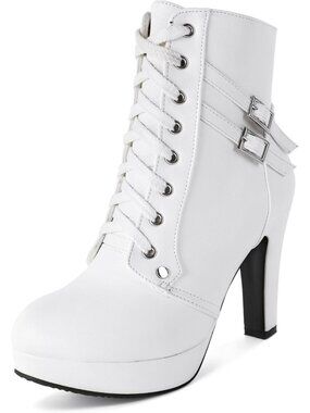 Women's Platform High Heel Sexy Round Toe Lace Up Mid Calf White Combat Shoes